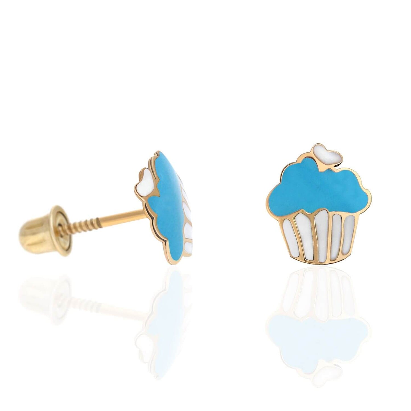 Kids 14K Yellow Gold Enameled Large Cupcake Screw Back Stud Earrings