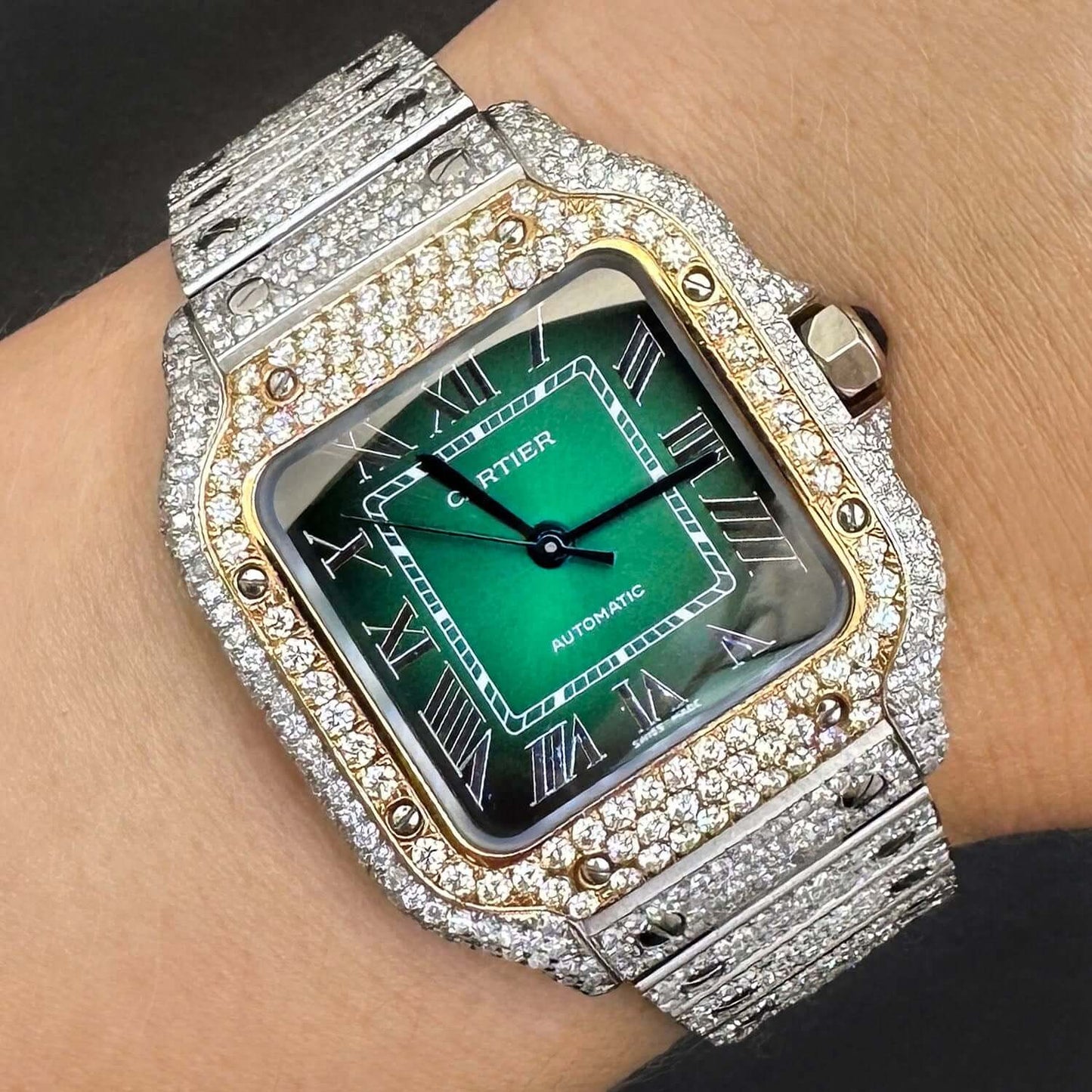 Cartier Santos WSSA0018 40mm Auto SS Watch w/ Aftermarket 11.5CTW Diamond Green Dial - WJD Exclusives
