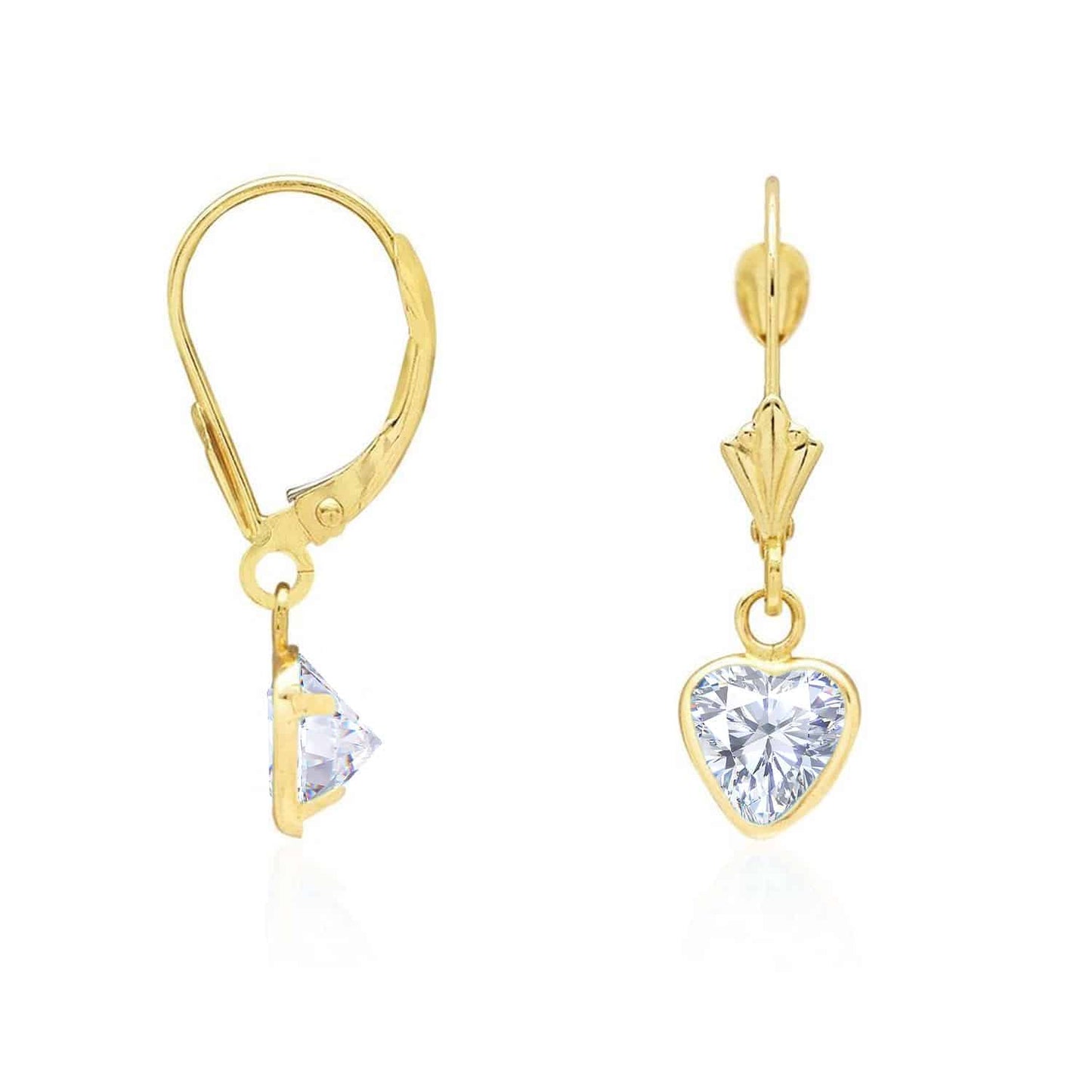 14K Yellow Gold Bezel Set Birthstone Heart Leverback Dangle Earrings 6mm