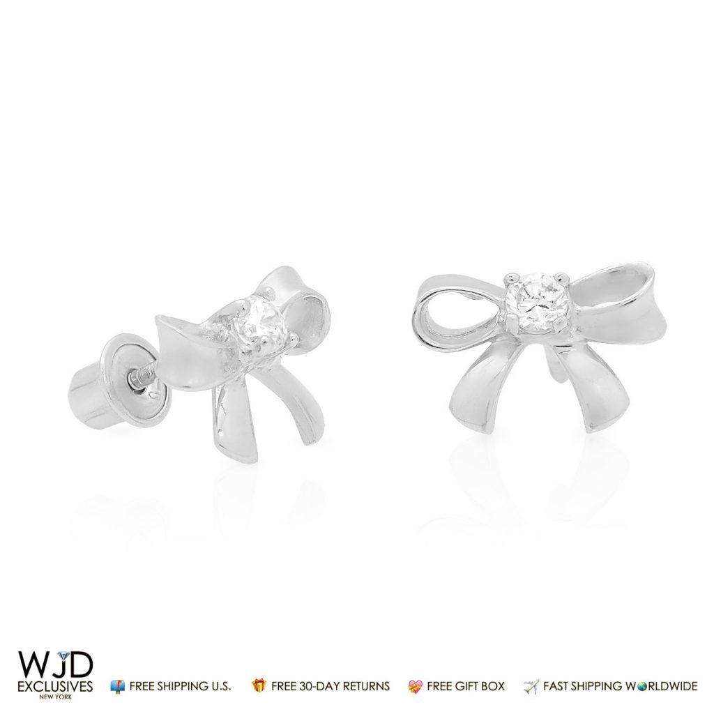 0.06Ct CZ Bow Stud Earrings 14K White Gold Baby Screwback 9mm