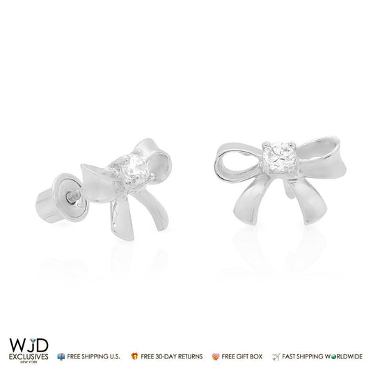 0.06Ct CZ Bow Stud Earrings 14K White Gold Baby Screwback 9mm