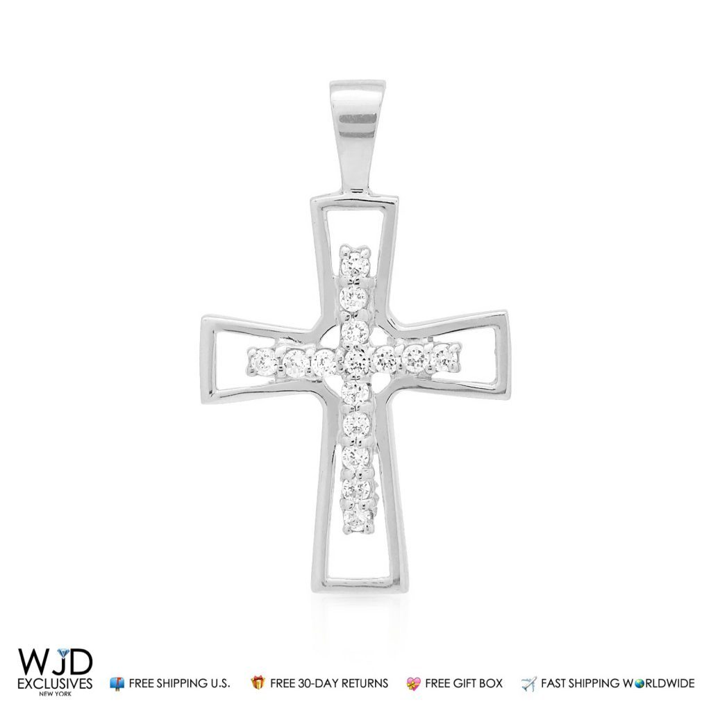 14K White Gold 0.3Ct CZ Religious Cross Pendant 1"