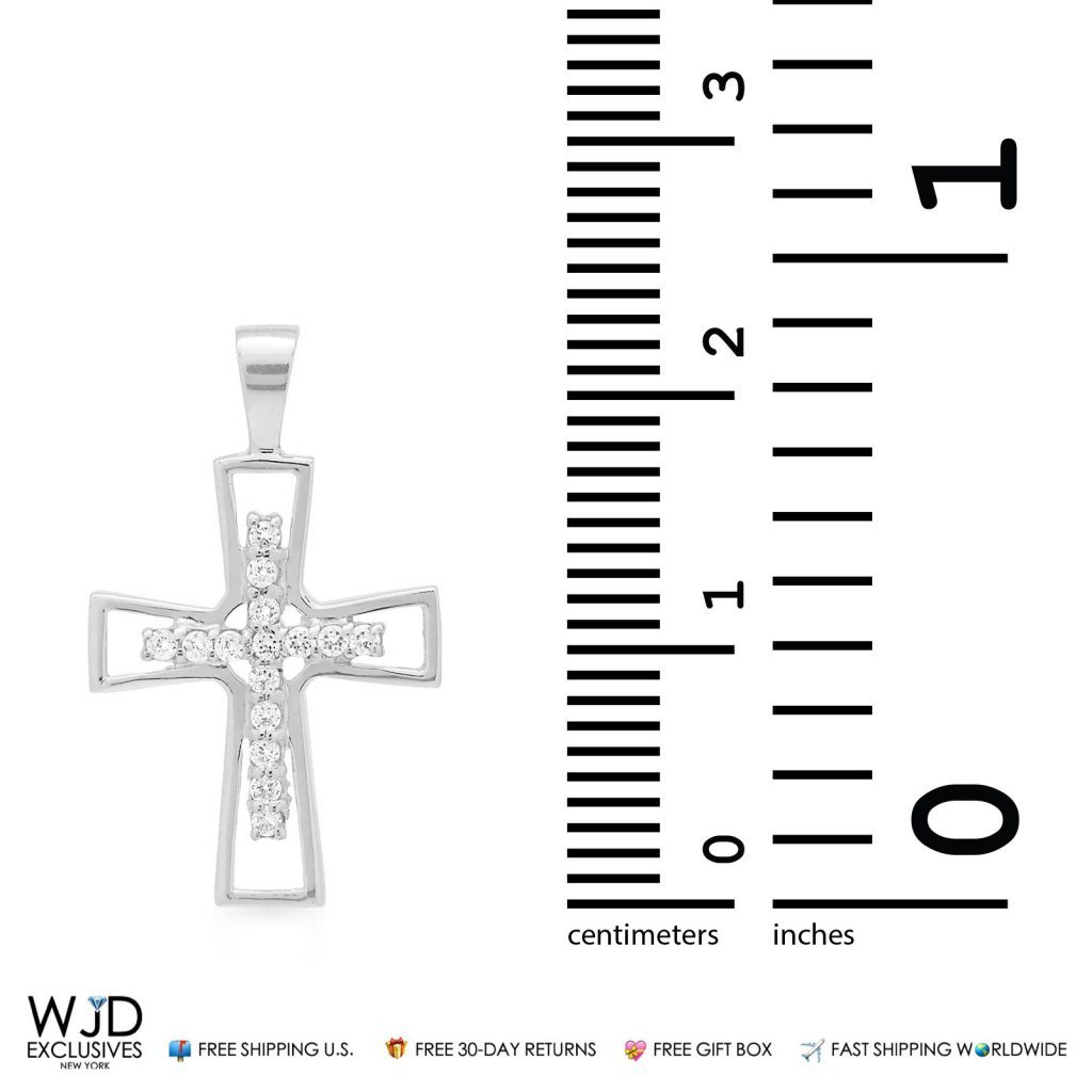 14K White Gold 0.3Ct CZ Religious Cross Pendant 1"