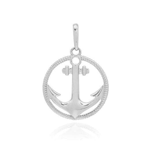 14k White Gold Circle Rope Anchor Pendant 0.5"