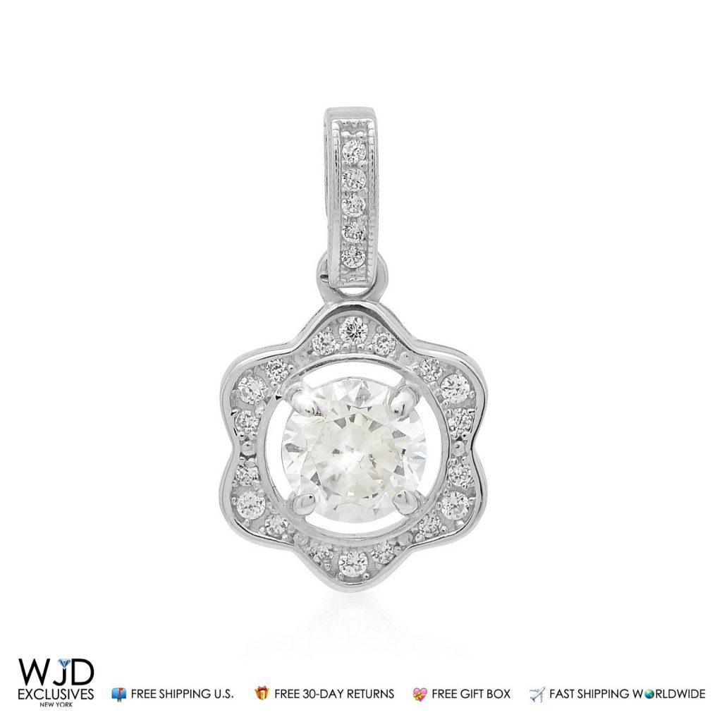 14K Real Gold White 1CT CZ Halo Flower Charm Pendant