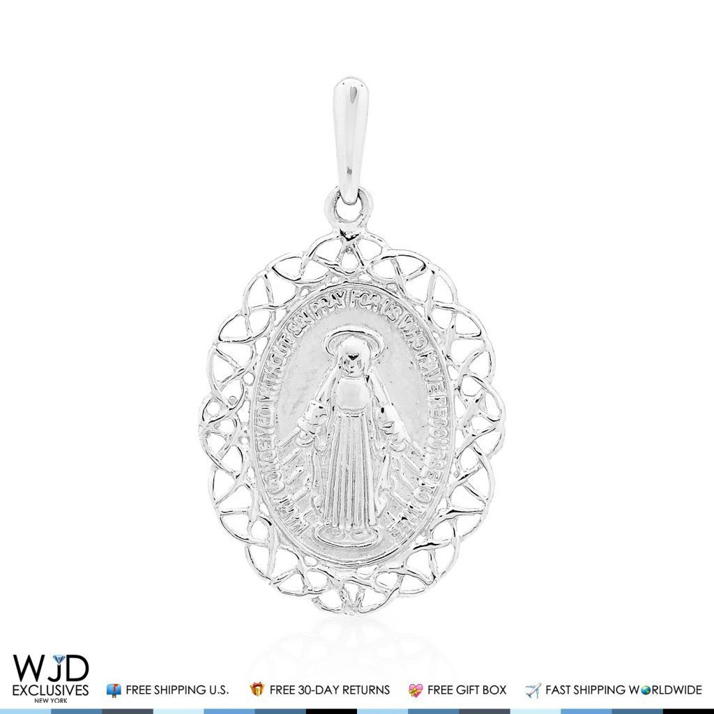 14K Solid White Gold Miraculous Virgin Mary Medal Charm Pendant
