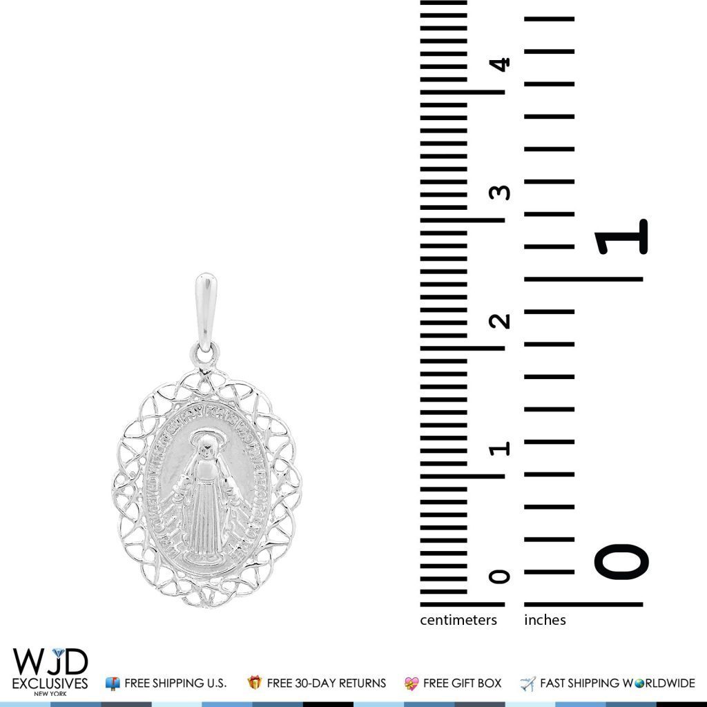 14K Solid White Gold Miraculous Virgin Mary Medal Charm Pendant