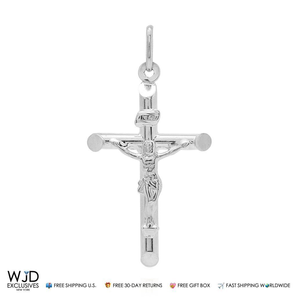 14k Solid White Gold Jesus Crucifix Cross Religious Charm Pendant INRI 1.6"