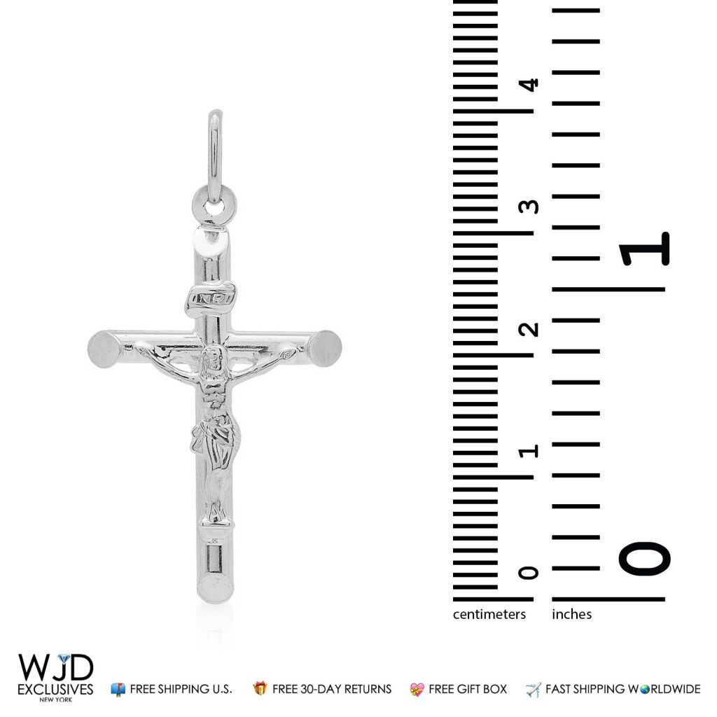 14k Solid White Gold Jesus Crucifix Cross Religious Charm Pendant INRI 1.6"