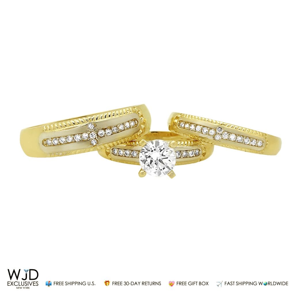14K Gold Yellow His Her 3-piece Bridal Ring Set 1.6Ct CZ