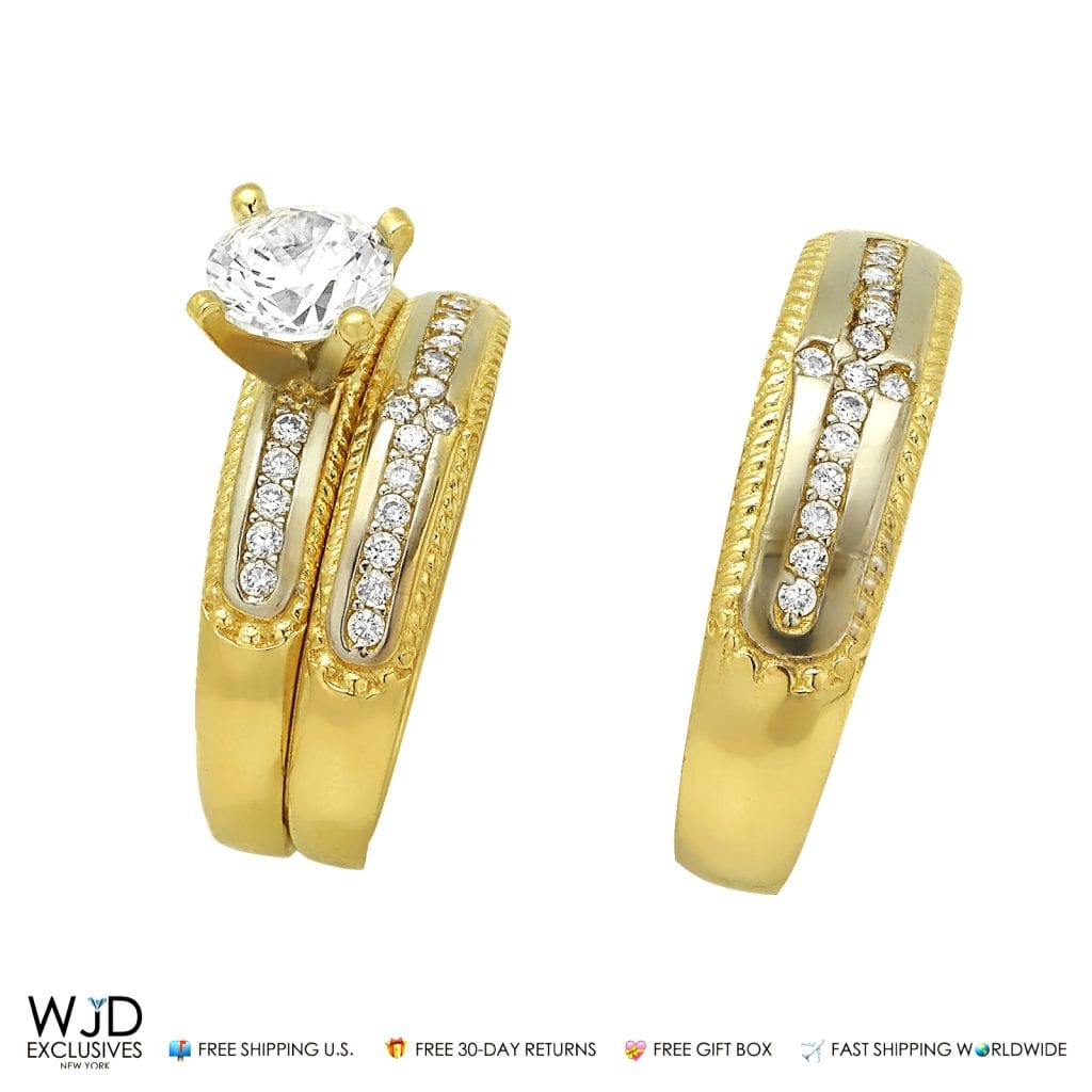 14K Gold Yellow His Her 3-piece Bridal Ring Set 1.6Ct CZ