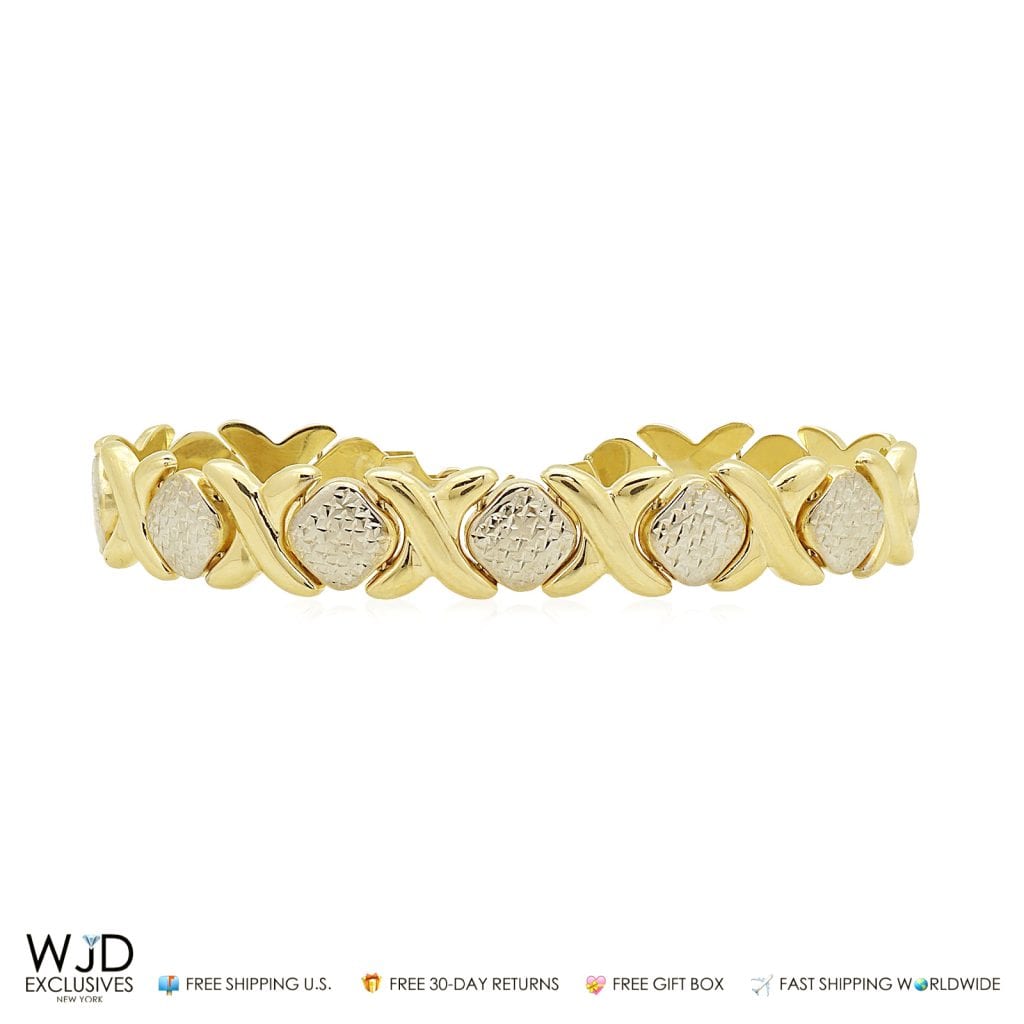 14k Gold Two-Tone Diamond-Cut Hugs Kisses Love XO Bracelet 8"