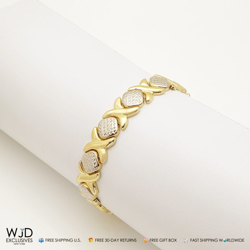 14k Gold Two-Tone Diamond-Cut Hugs Kisses Love XO Bracelet 8"