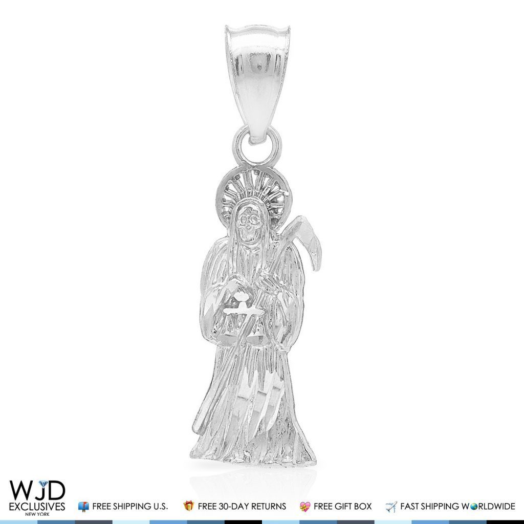 14K Real White Gold Santa Muerte Grim Reaper Death Religious Charm Pendant 1.2"