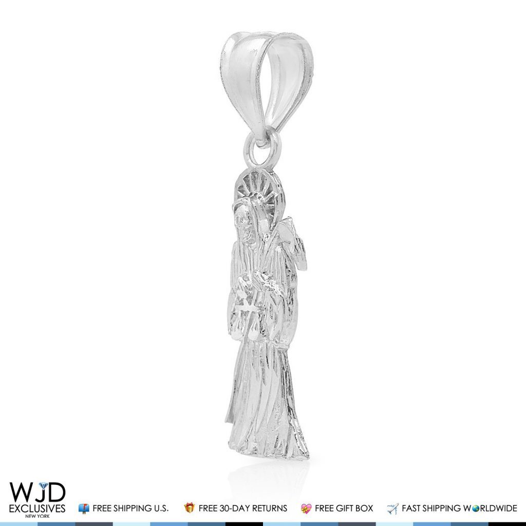 14K Real White Gold Santa Muerte Grim Reaper Death Religious Charm Pendant 1.2"