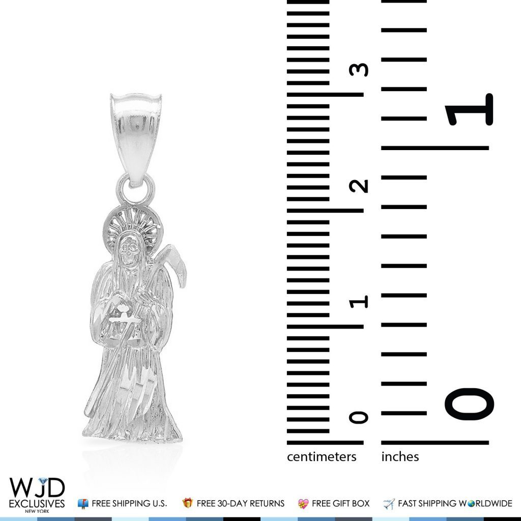 14K Real White Gold Santa Muerte Grim Reaper Death Religious Charm Pendant 1.2"