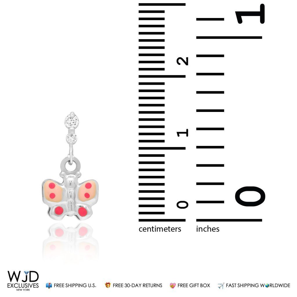 14K White Gold 0.20CTW CZ Enameled Butterfly Dangle Earrings