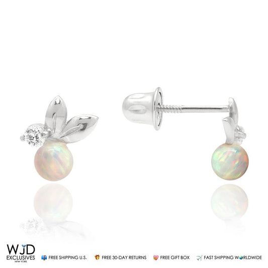 0.05CTW CZ White Fire Opal 14K White Gold Leaf Ball Stud Earrings