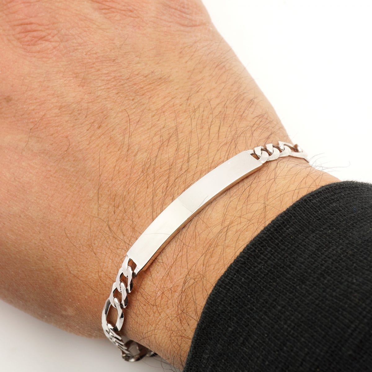 925 Sterling Silver 6.5mm Figaro I.D. Bar Bracelet 8"