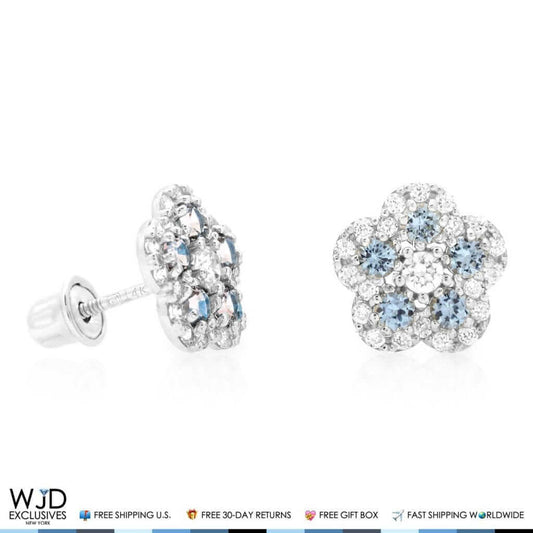 0.50Ct Diamond & Aquamarine Flower Shape Cluster Stud Earrings 14k White Gold