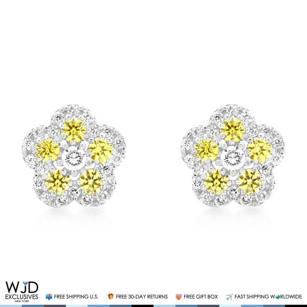 CZ & Citrine Flower Cluster Stud Earrings 14k White Gold 8mm