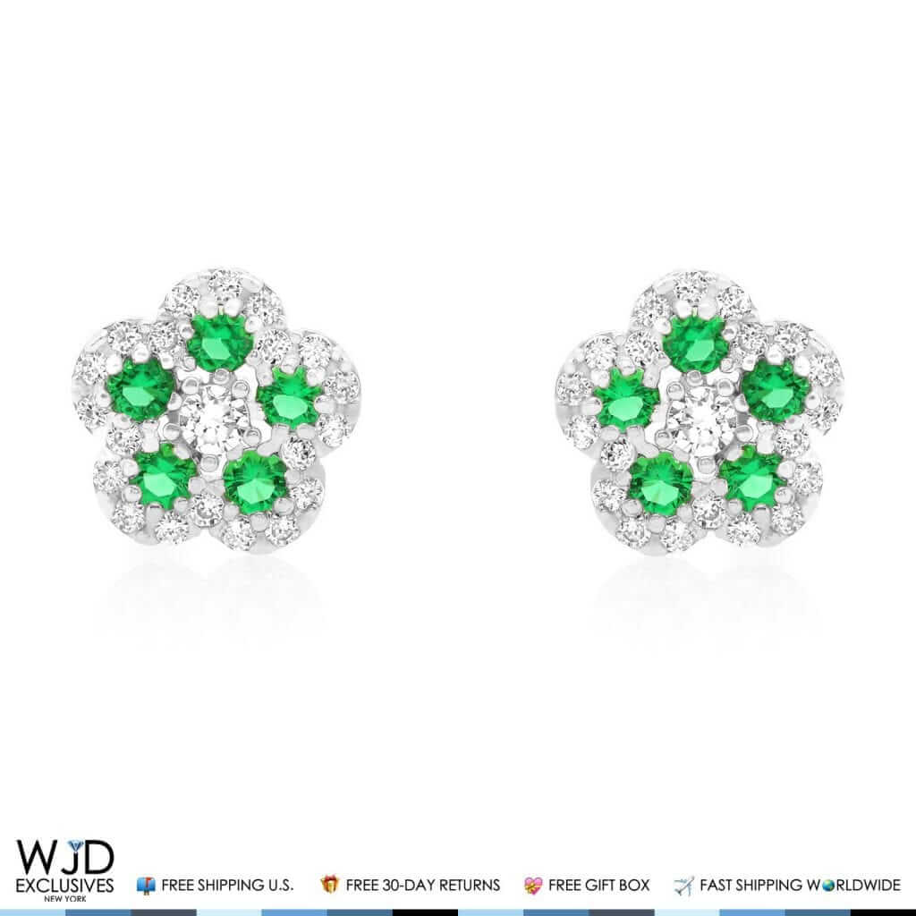 CZ & Emerald Flower Cluster Stud Earrings 14k White Gold 8mm