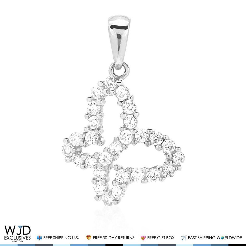 0.40CTW CZ 14K White Gold Open Butterfly Charm Pendant 0.8"