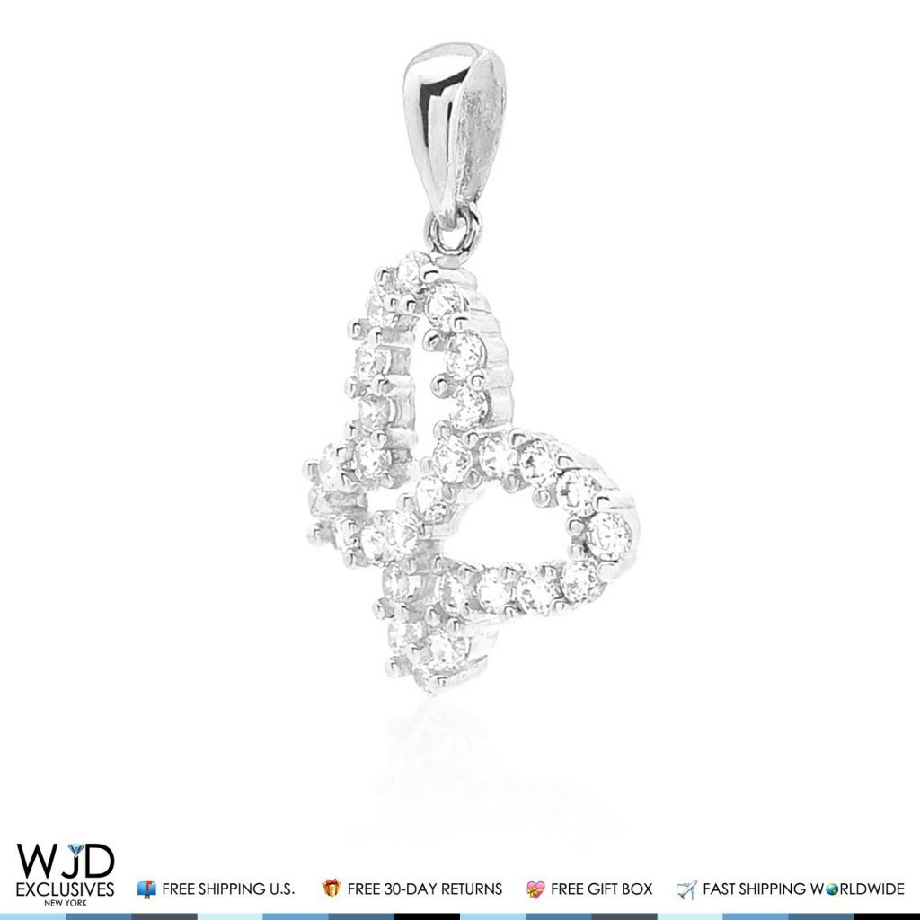 0.40CTW CZ 14K White Gold Open Butterfly Charm Pendant 0.8"