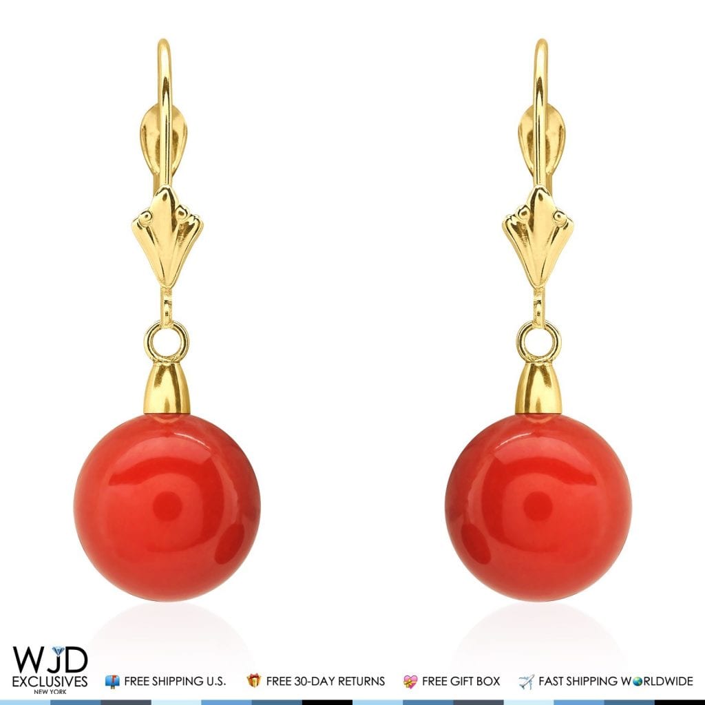 14K Real Gold 10mm Ball Red Coral Leverback Dangle Earrings 30mm