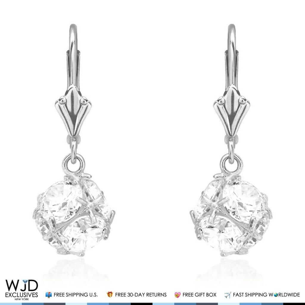 5.65Ct Simulated Round-Cut Diamond Dangle Leverback Earrings 14K White Gold