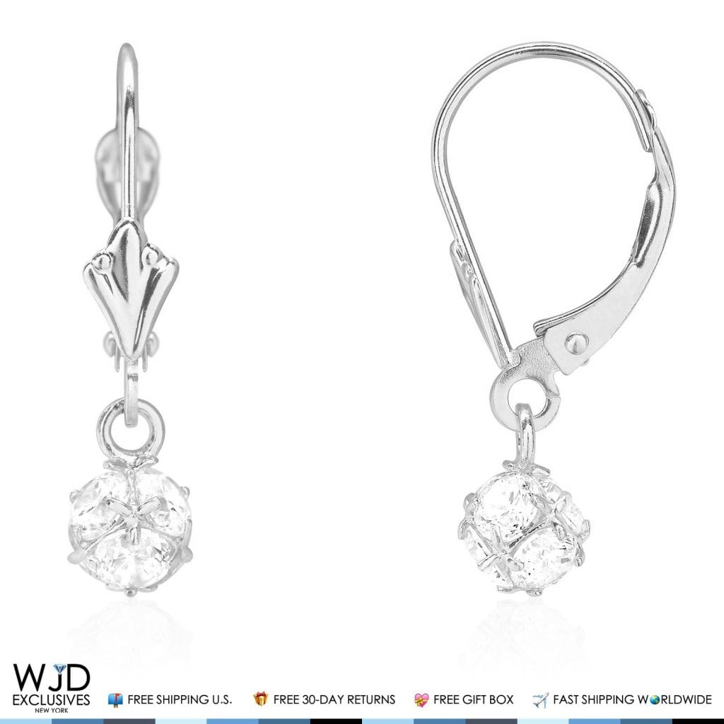 Simulated Round Cut Diamond Dangle Leverback Earrings 14K White Gold