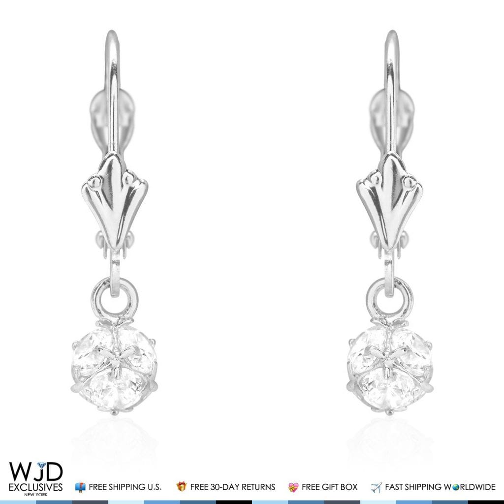 Simulated Round Cut Diamond Dangle Leverback Earrings 14K White Gold
