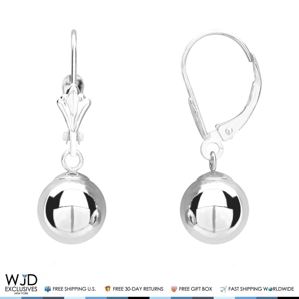 14K Solid White Gold 8mm Ball Lever Back Dangle Drop Earrings