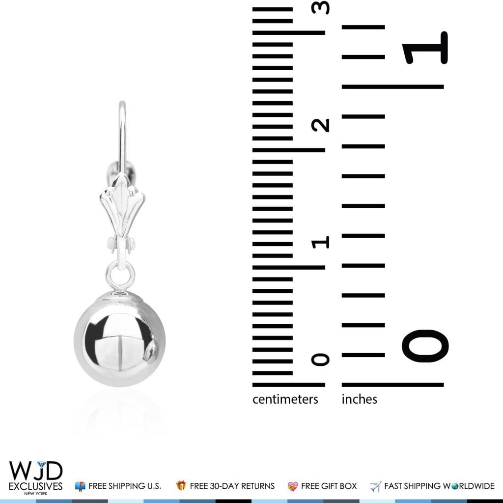 14K Solid White Gold 8mm Ball Lever Back Dangle Drop Earrings