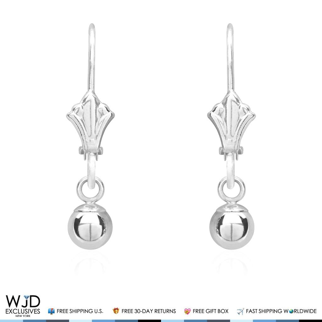14K Solid White Gold 5mm Ball Lever Back Dangle Drop Earrings