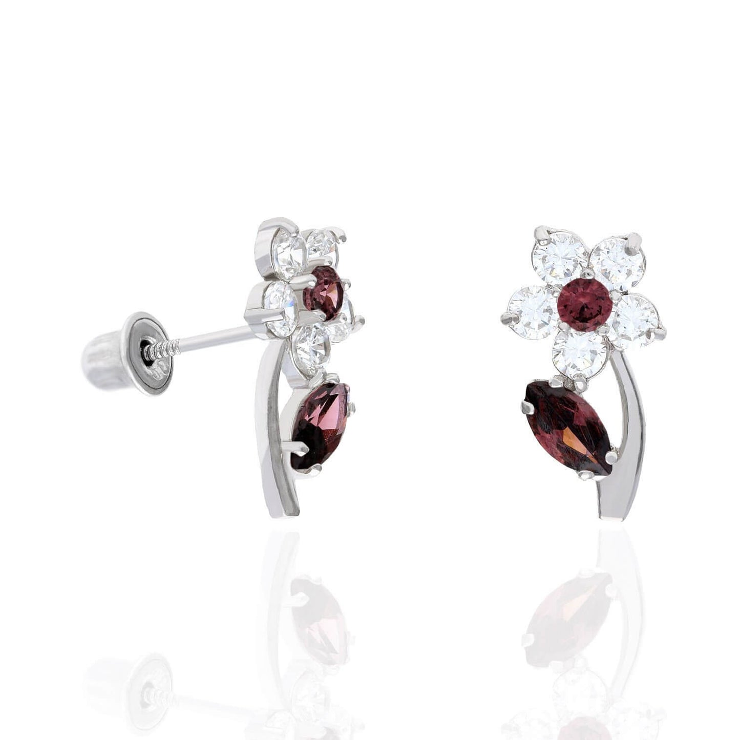 14K White Gold Color Birthstone Flower Plant Screw Back Kids Stud Earrings