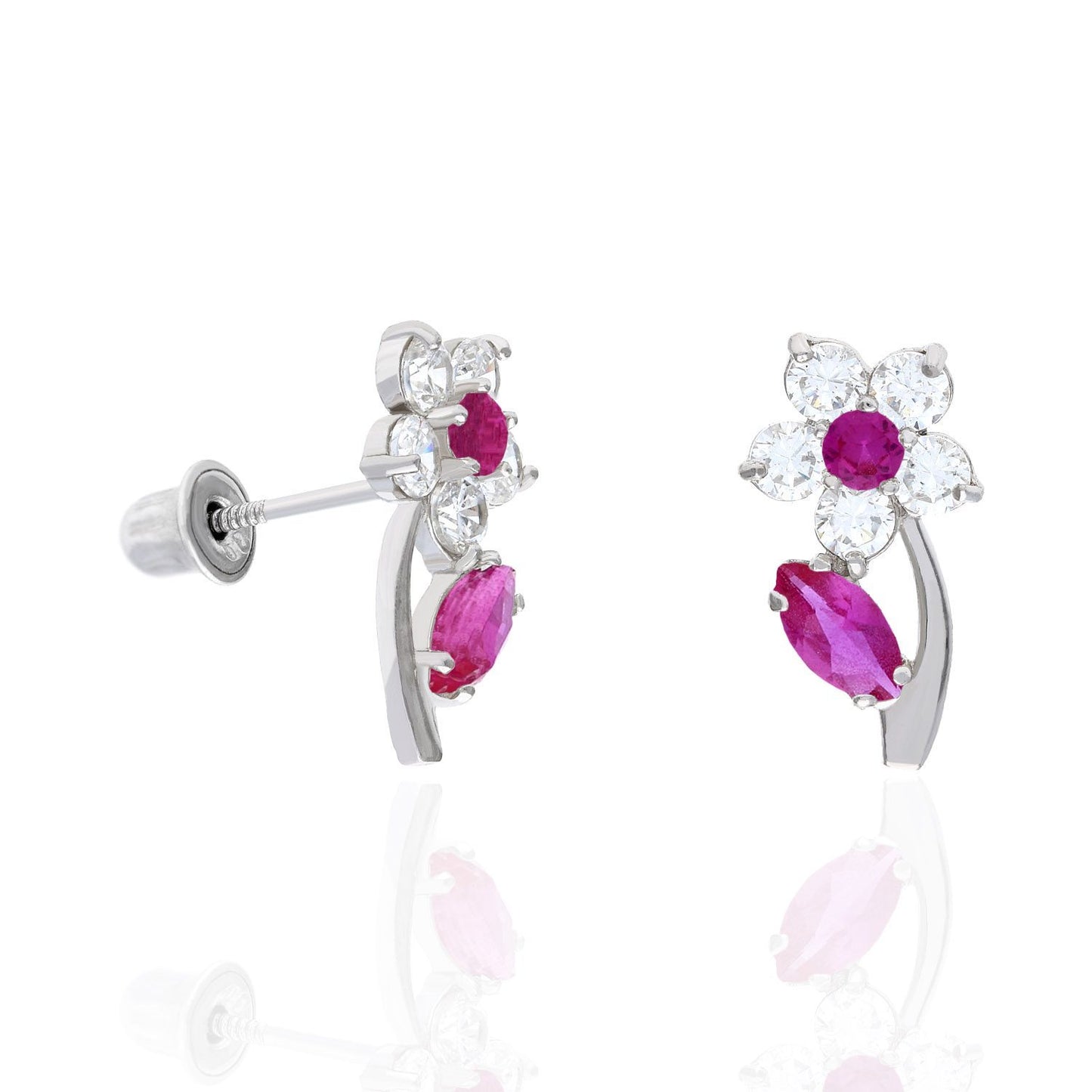 14K White Gold Color Birthstone Flower Plant Screw Back Kids Stud Earrings