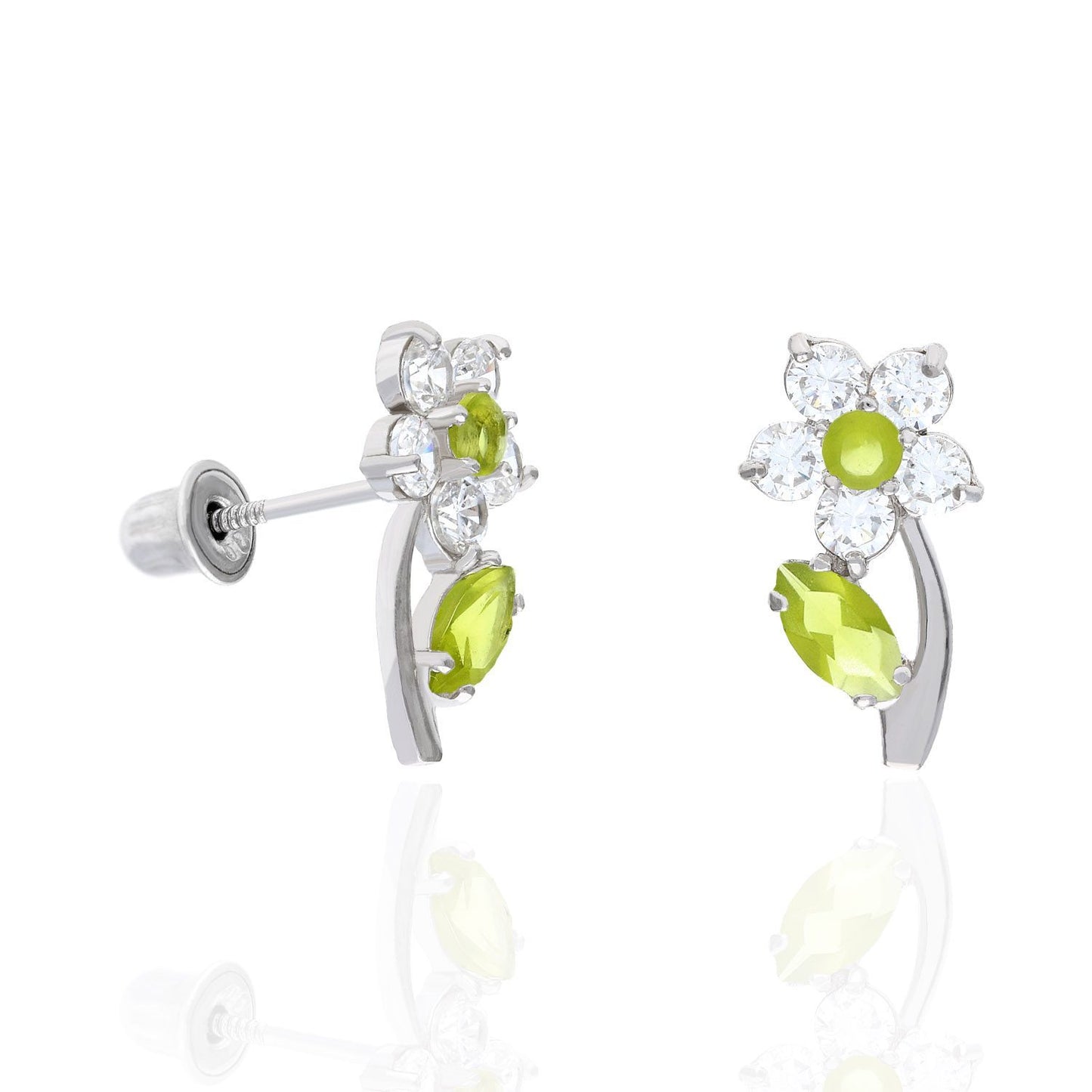 14K White Gold Color Birthstone Flower Plant Screw Back Kids Stud Earrings