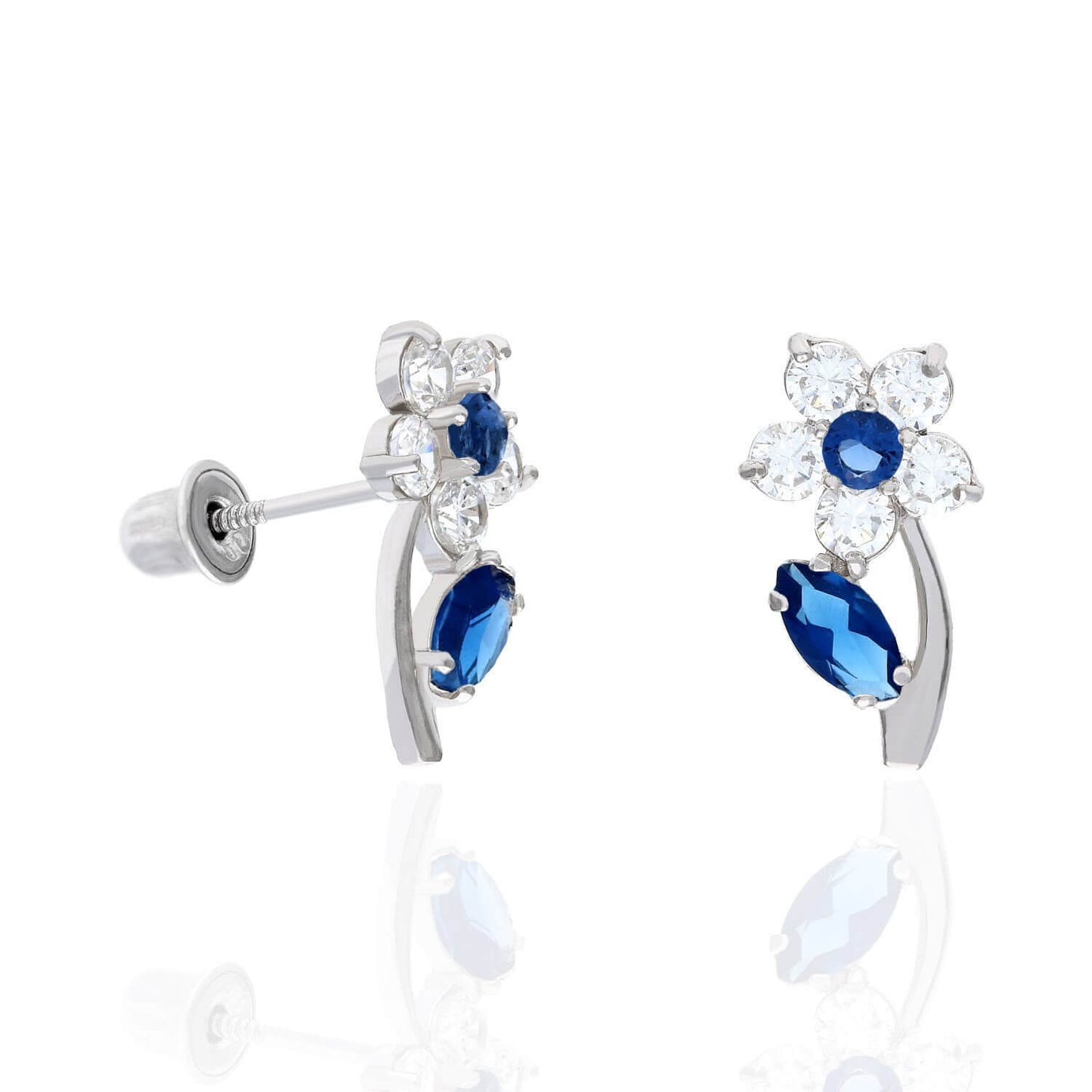 14K White Gold Color Birthstone Flower Plant Screw Back Kids Stud Earrings