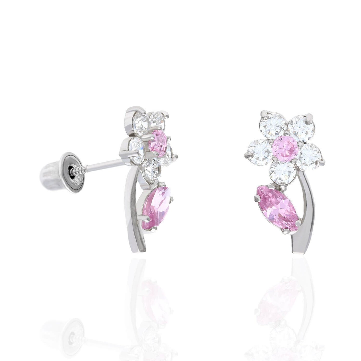 14K White Gold Color Birthstone Flower Plant Screw Back Kids Stud Earrings