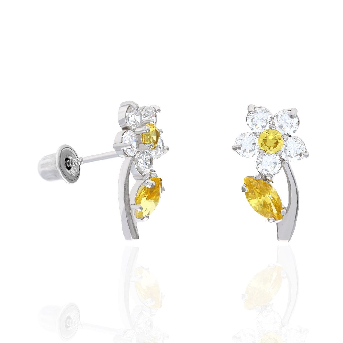 14K White Gold Color Birthstone Flower Plant Screw Back Kids Stud Earrings