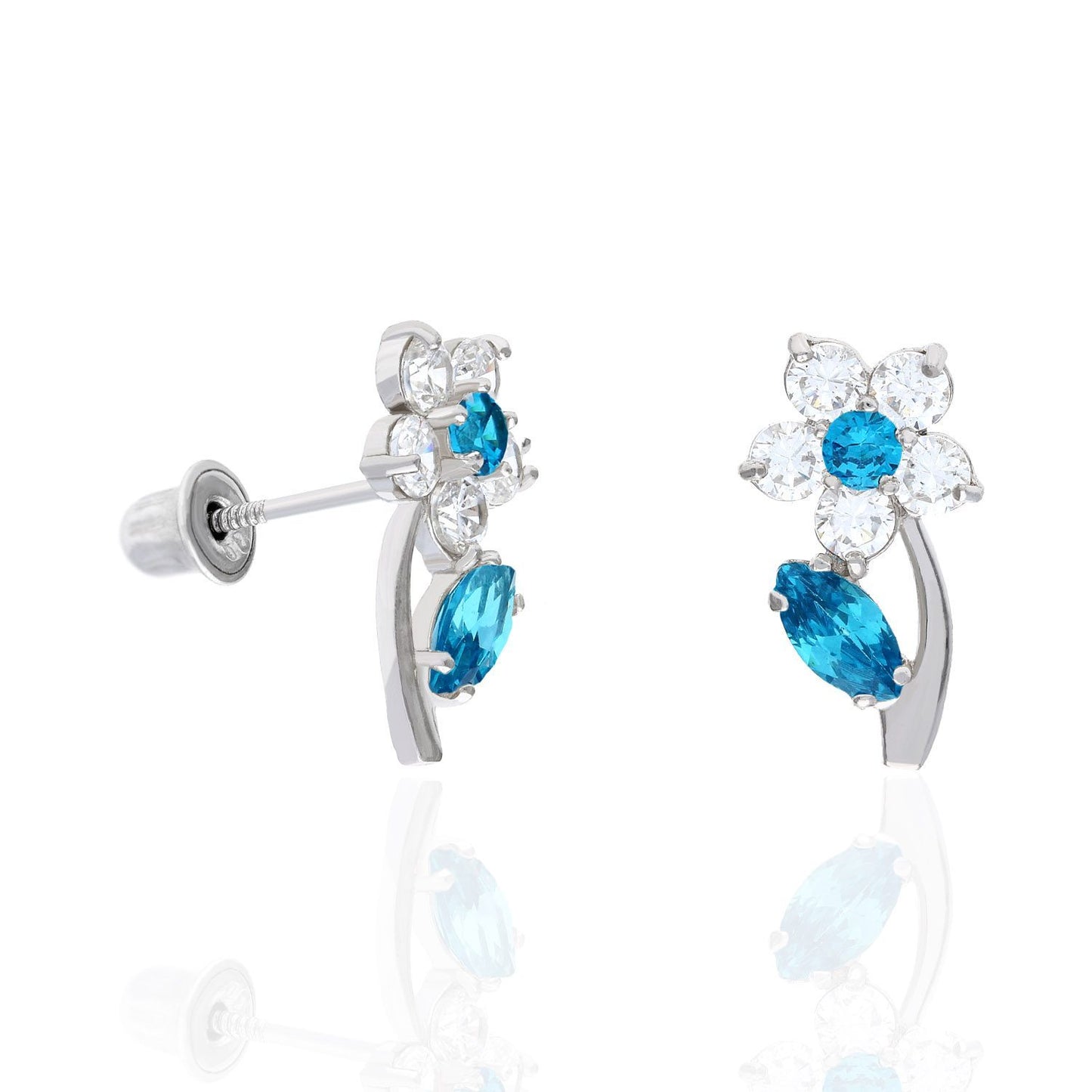 14K White Gold Color Birthstone Flower Plant Screw Back Kids Stud Earrings