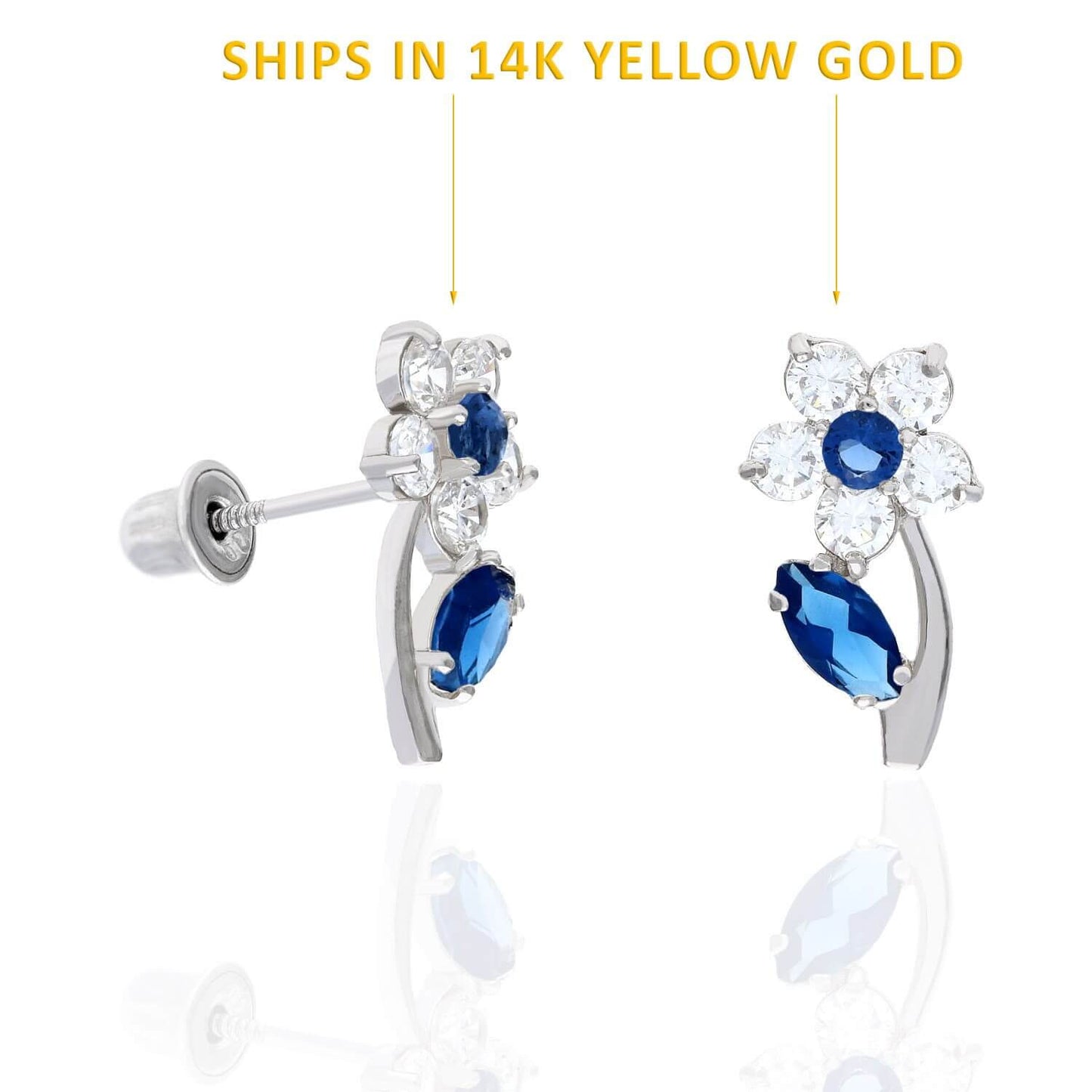 14K Yellow Gold Birthstone Flower Plant Screw Back Stud Earrings