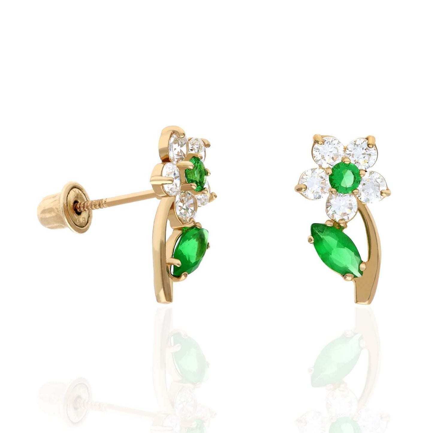 14K Yellow Gold Birthstone Flower Plant Screw Back Stud Earrings