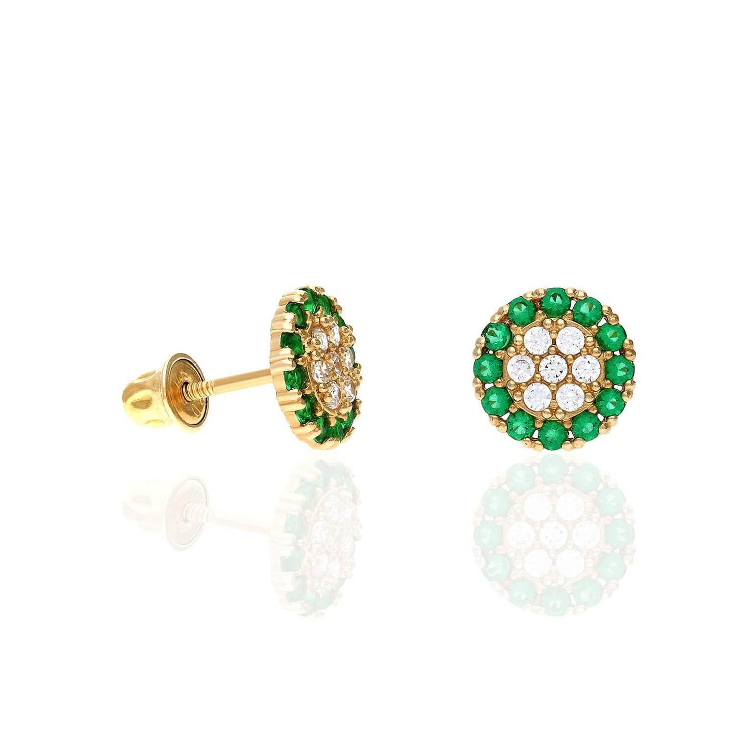 14K Gold Halo Round Cluster Screw Back CZ Birthstone Stud Earrings