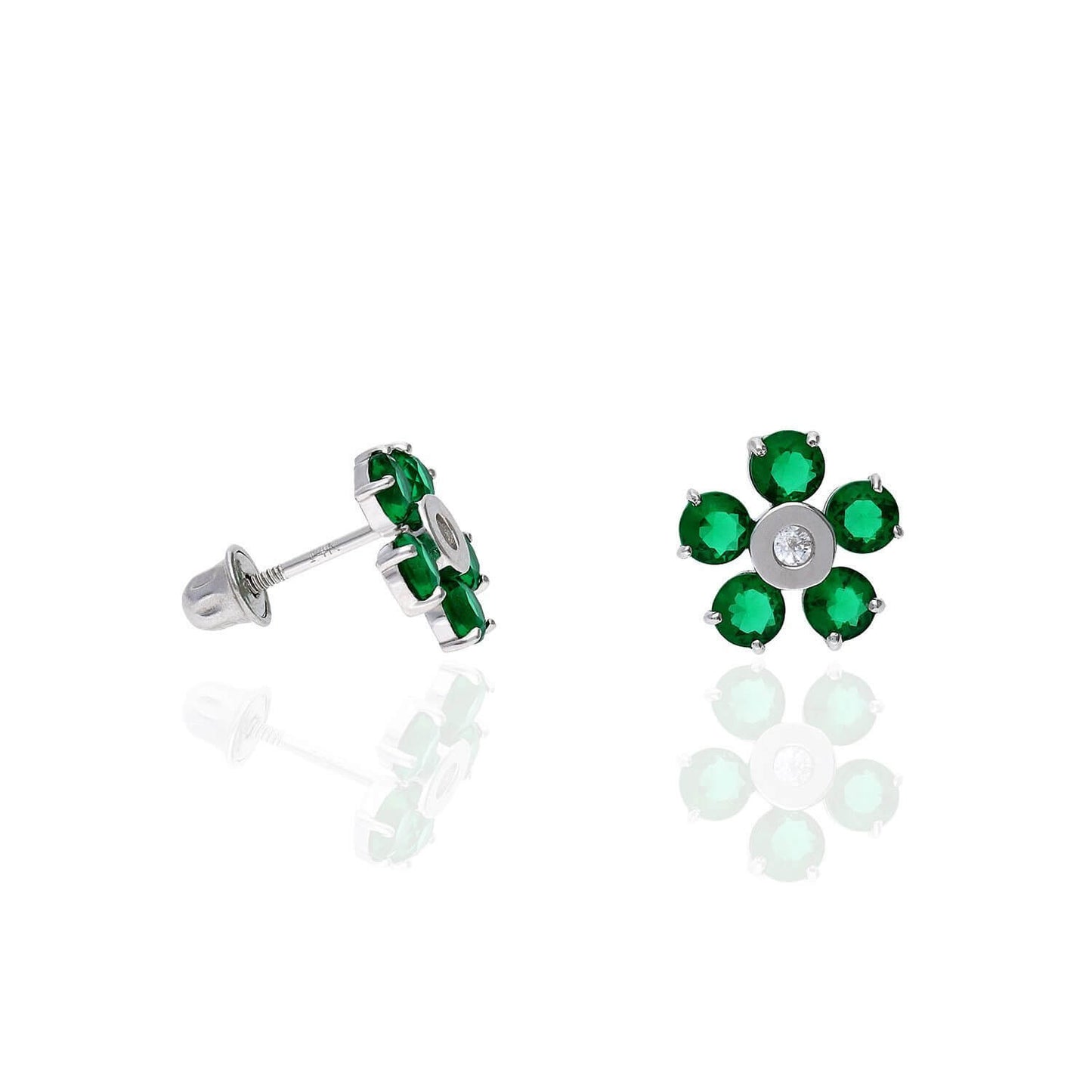 14K White Gold Color Gemstone Flower Screw Back Stud Earrings