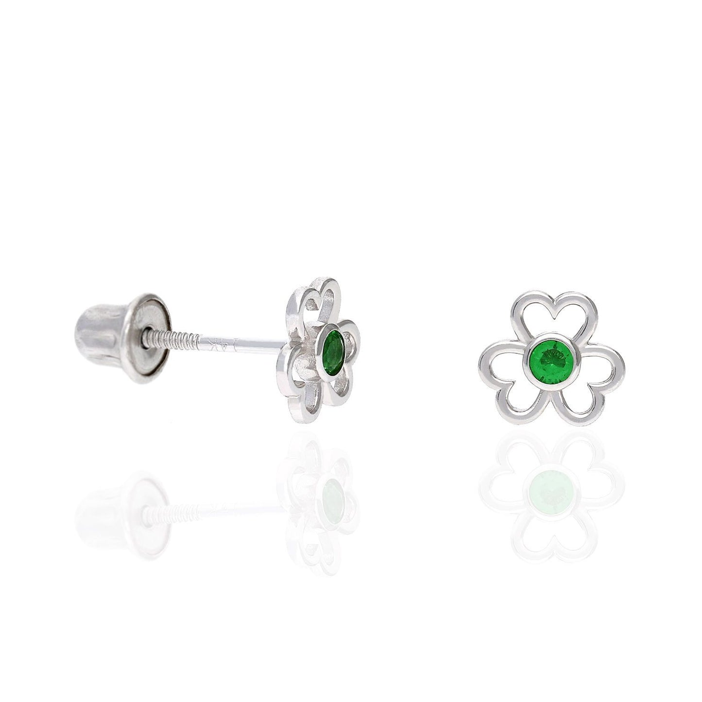 14K White Gold Open Flower Bezel Set Gemstone Kids Screw Back Stud Earrings