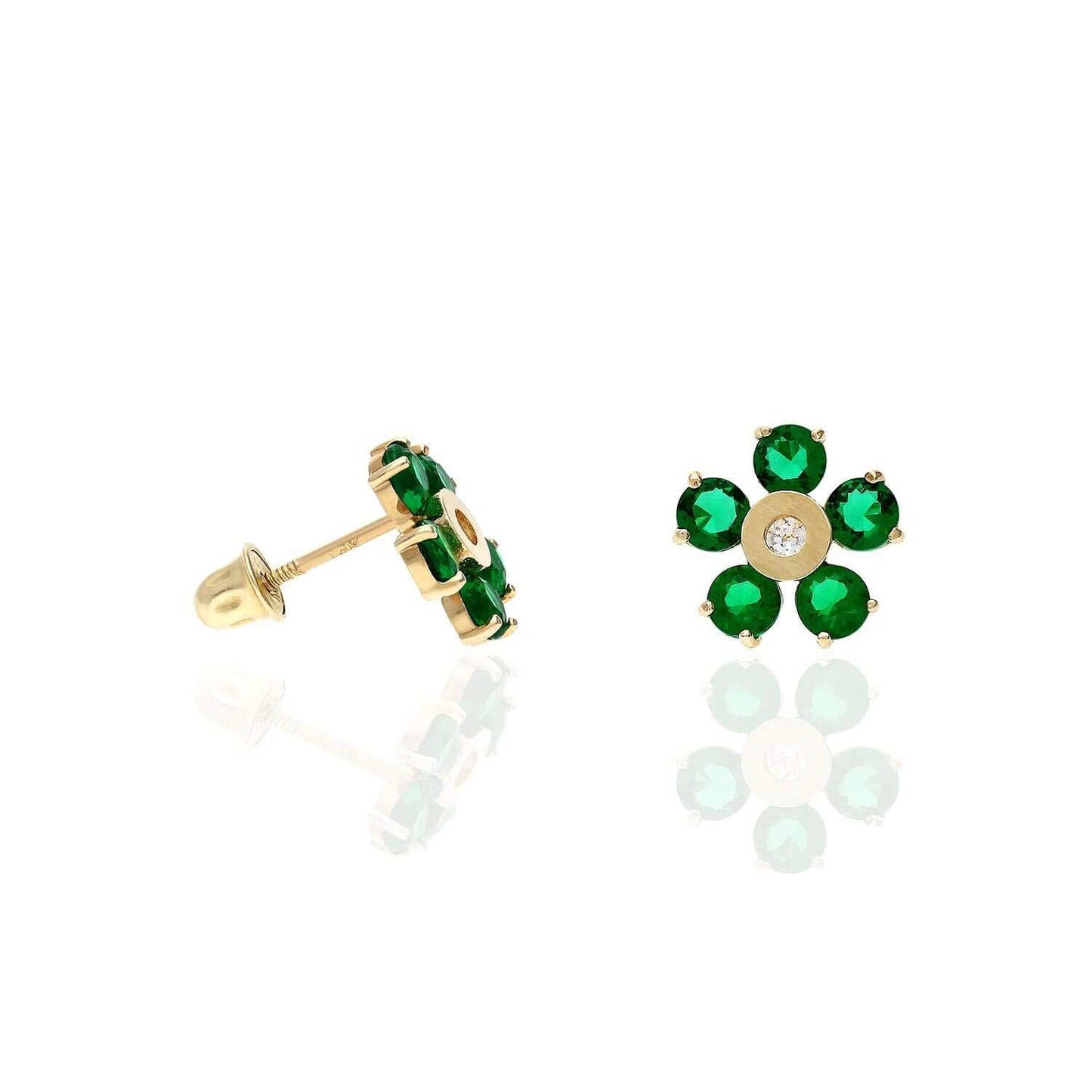 14K Yellow Gold Color Gemstone Flower Screw Back Stud Earrings