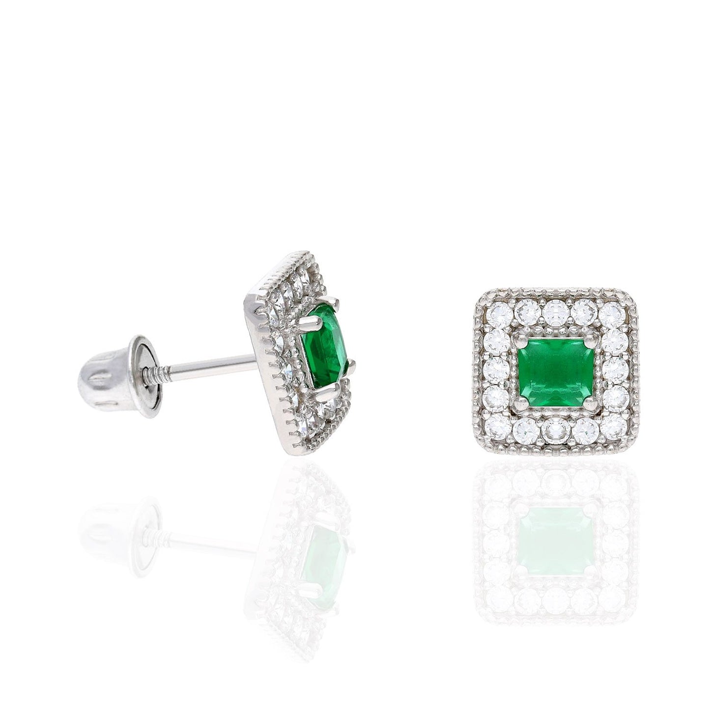 14K White Gold Square Color Gemstone Screw Back Halo Stud Earrings