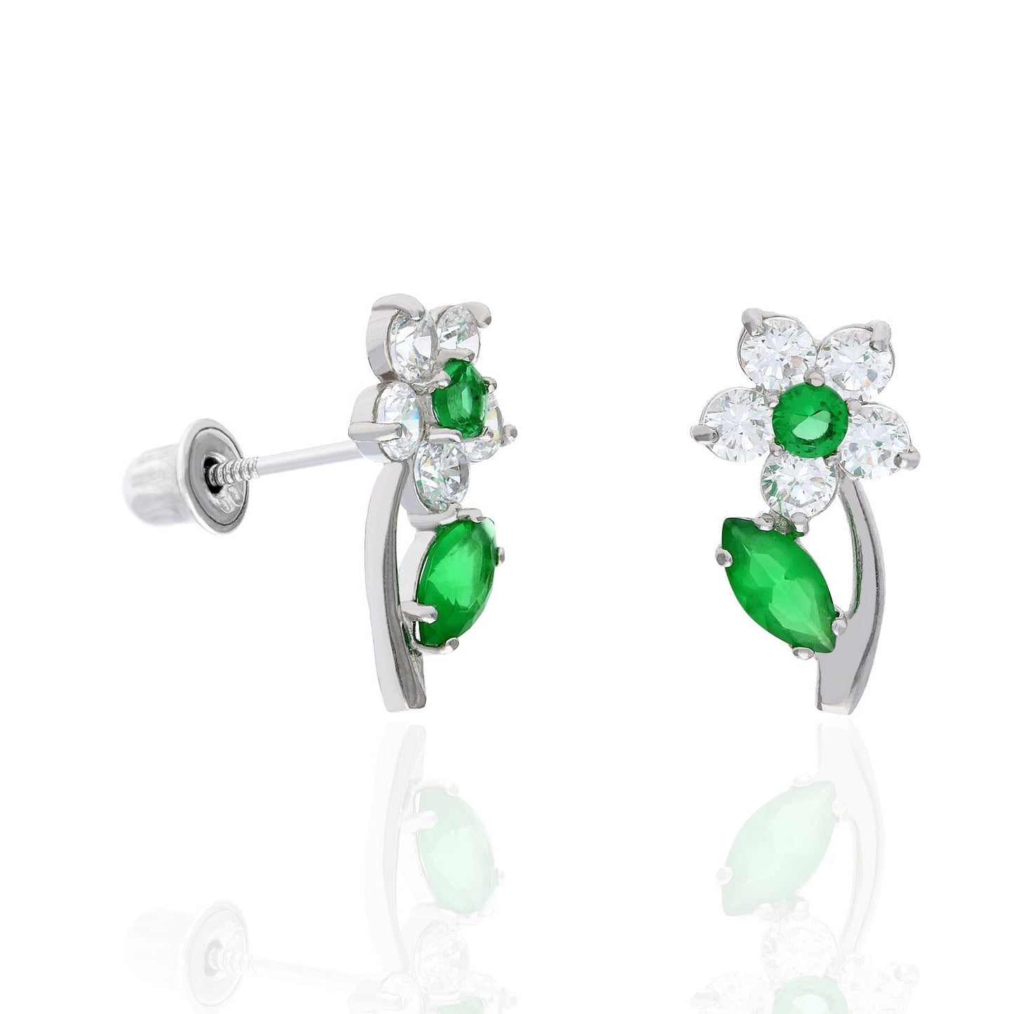 14K White Gold Color Birthstone Flower Plant Screw Back Kids Stud Earrings